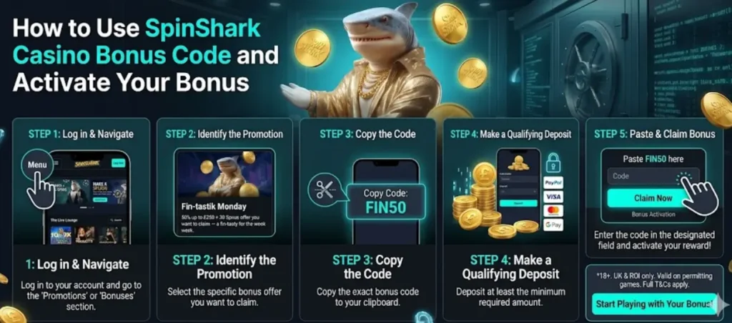 Infographic showing a 5-step guide to using a bonus code and activating rewards at Spinshark.