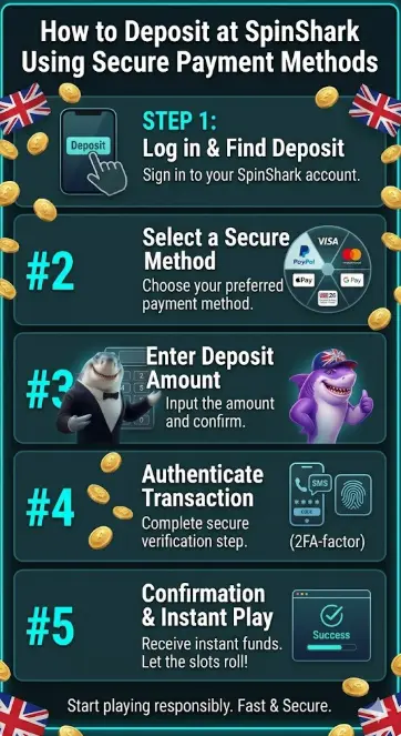 Infographic showing a 5-step guide for making a secure deposit at Spinshark for UK players.