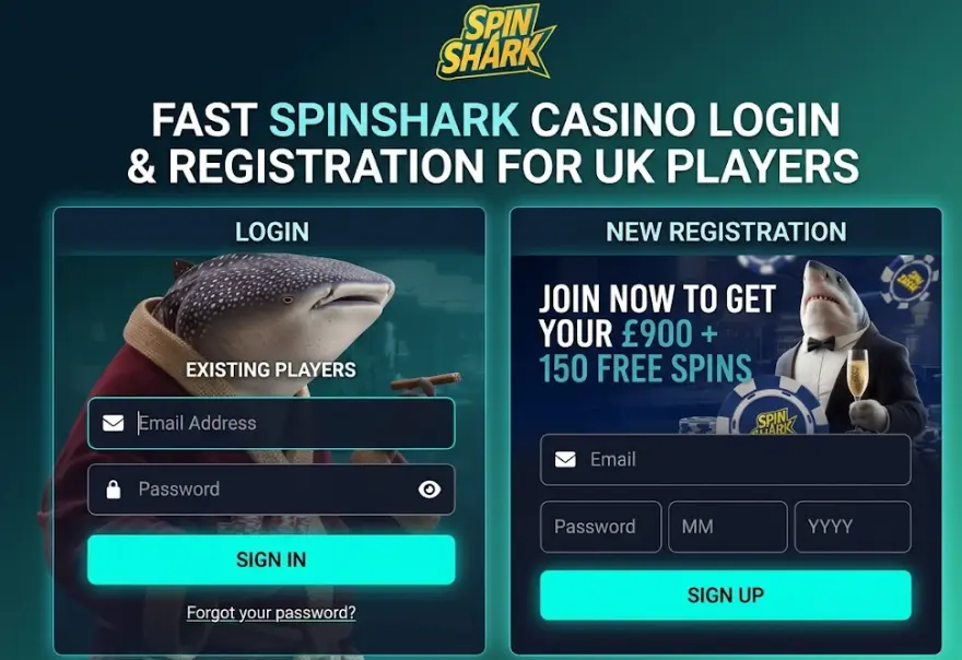 Banner for Spinshark Casino UK showing fast login and registration forms for online slot players.