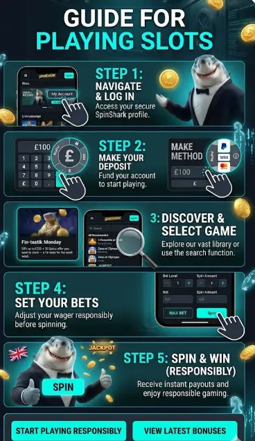 Vertical infographic guide for playing slots at Spinshark, showing five steps for UK players.