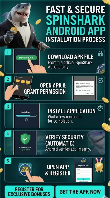 Infographic showing the 5-step Spinshark Android app installation process for UK slot players.