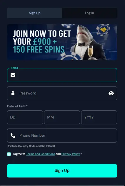 Sign up form for Spinshark Casino offering a £900 bonus and 150 free spins to new players.