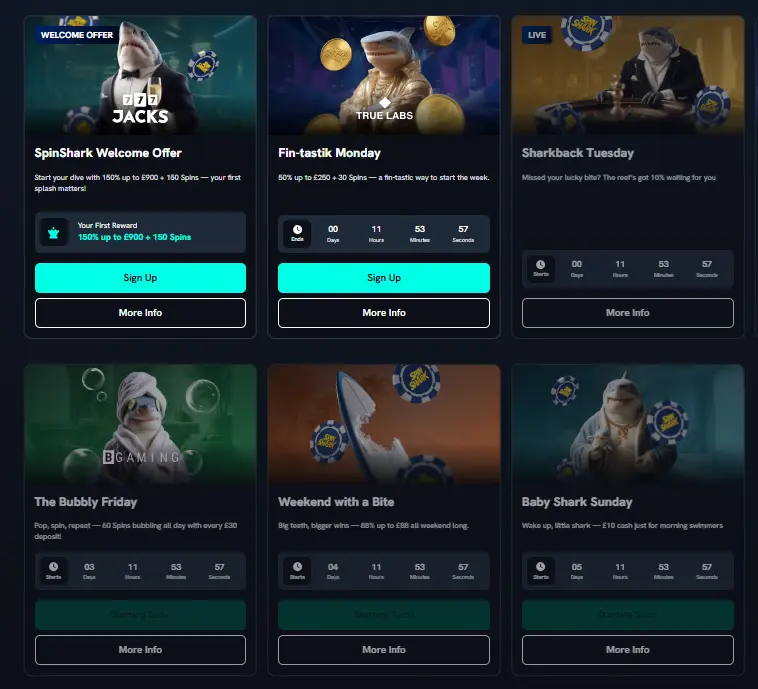 Spinshark promotions page showing daily bonuses and welcome offers for UK casino players.