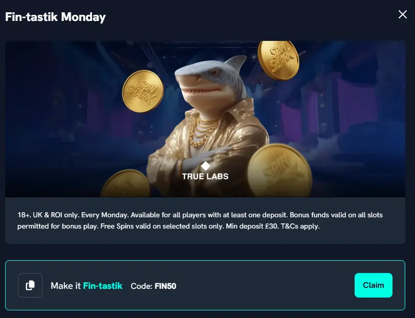 Fin-tastik Monday promotion at Spinshark Casino with a shark character and the bonus code FIN50.