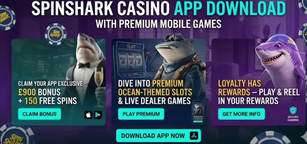 Promotion banner for Spinshark Casino app download featuring premium mobile slots for UK players.