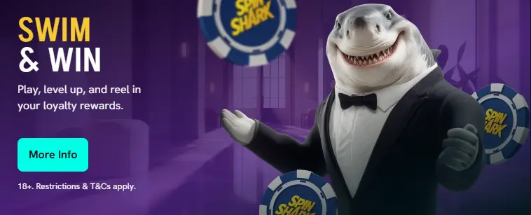 Spinshark mascot promoting loyalty rewards and bonuses for online slot players in the UK.