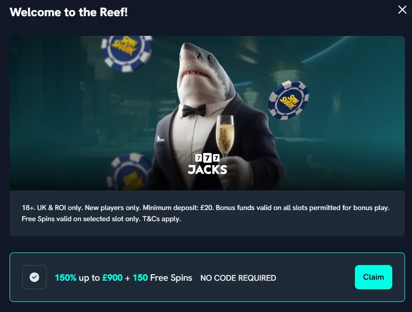 Spinshark welcome bonus popup offering a 150% match up to £900 and 150 free spins for UK players.