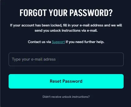 Password reset form at Spinshark Casino for UK players to recover account access securely.