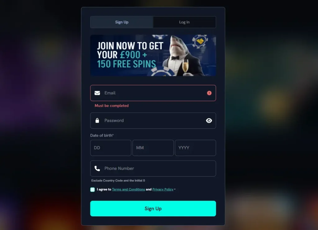 Registration form on Spinshark Casino showing a £900 welcome bonus for new UK players.
