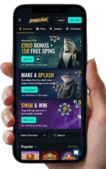 Smartphone with Spinshark Casino mobile app showing Shark Spin slots and welcome bonuses.