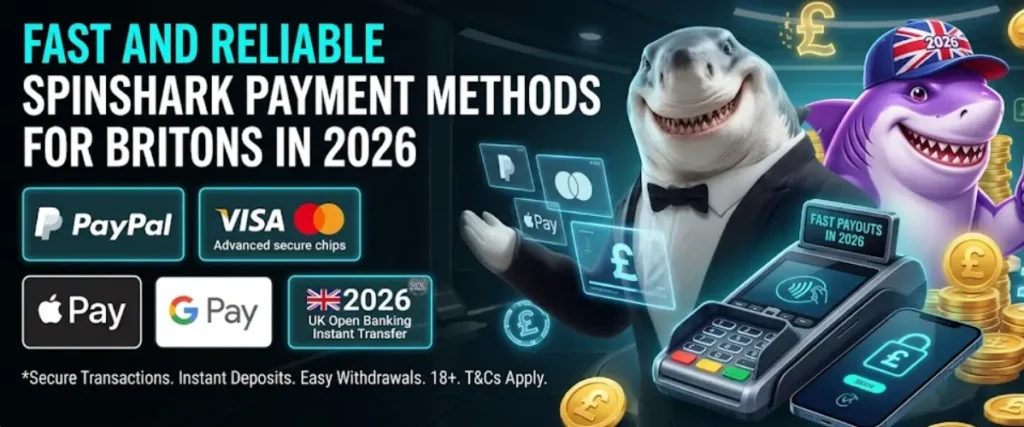 Spinshark infographic showing secure and fast payment options for UK online slot players in 2026