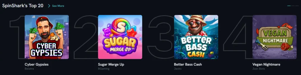 Spinshark's Top 20 slots selection showcasing popular games for UK players to enjoy online.