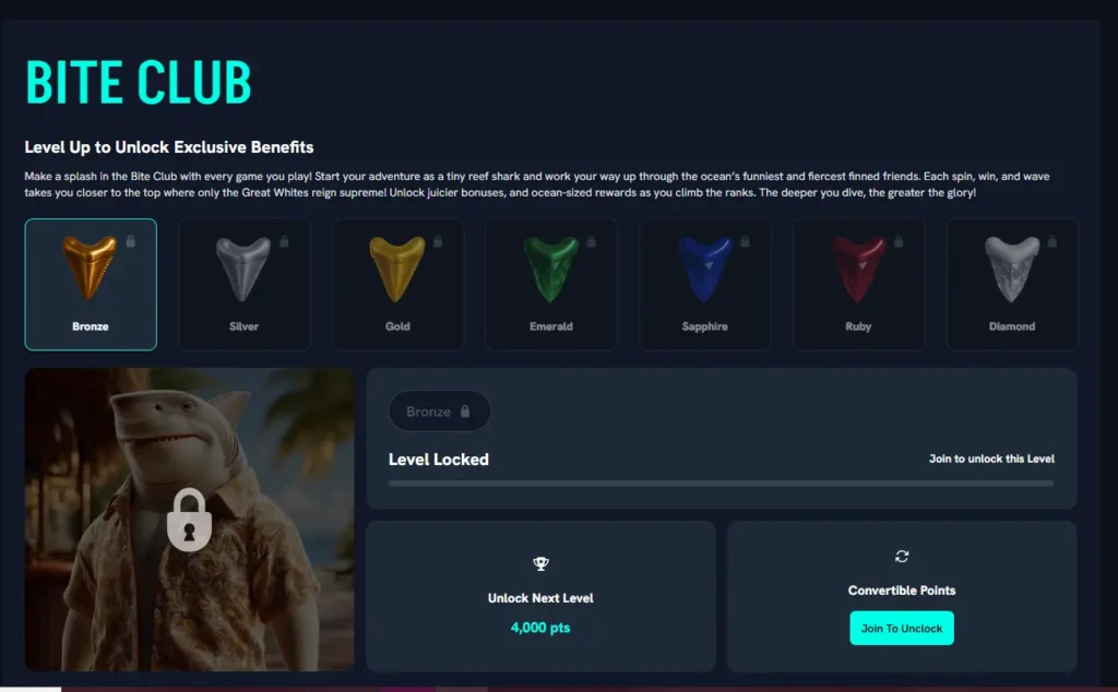 Bite Club VIP levels at Spinshark Casino showing rewards for loyal UK slot players.