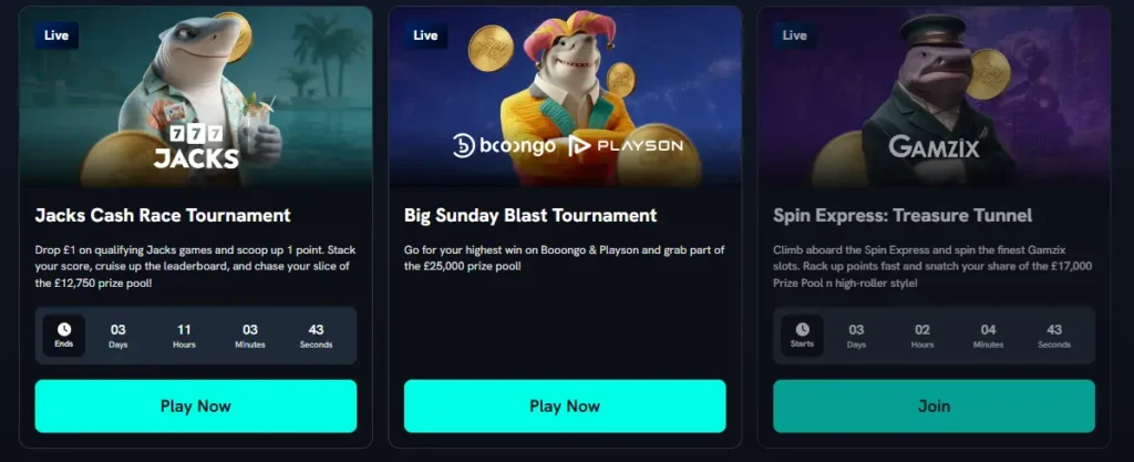Spinshark tournaments page displaying active slot contests and prize pools for UK casino players.